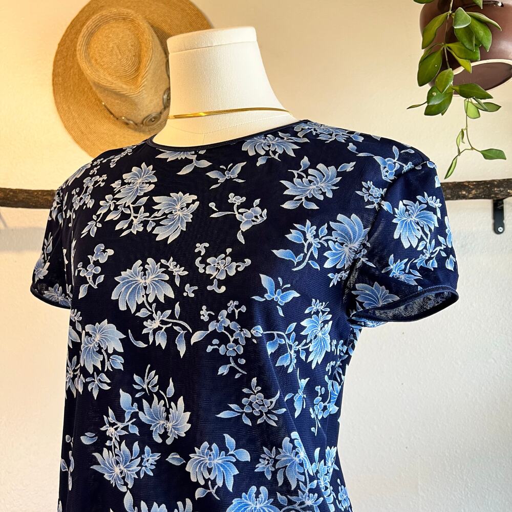 90s Vintage Jones New York Blue Semi Sheer Floral Short Sleeve Top Size Large